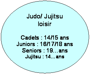 Ellipse: Judo/ Jujitsu                                loisir

Cadets : 14/15 ans
Juniors : 16/17/18 ans
Seniors : 19ans
Jujitsu : 14ans

